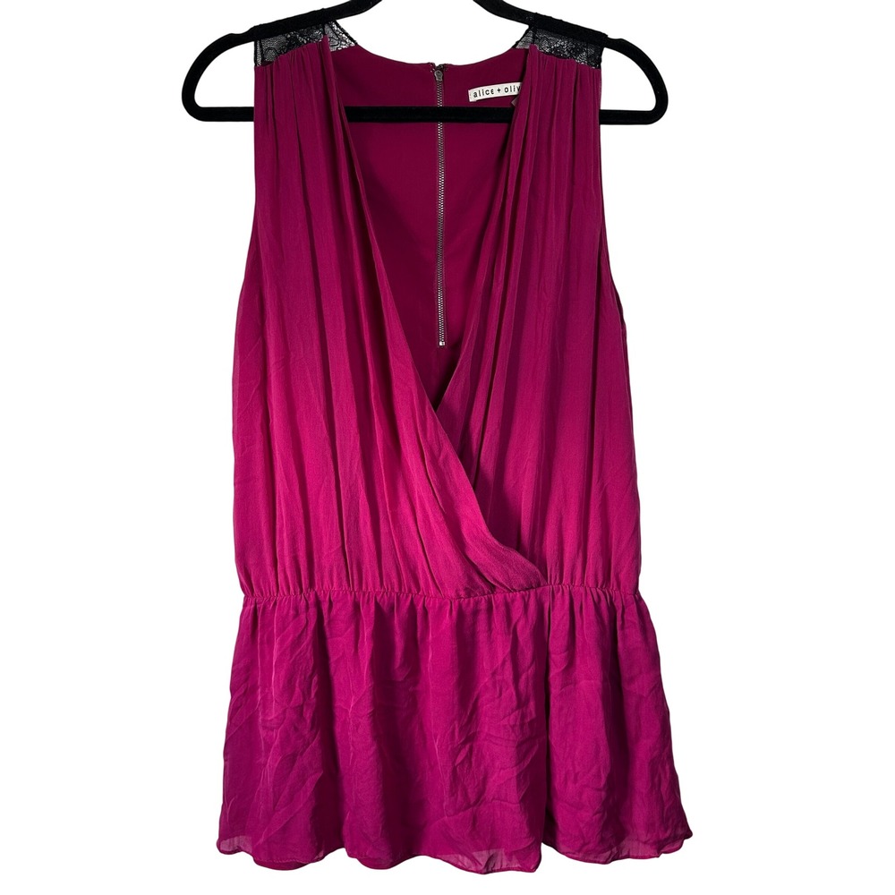 Alice + Olivia Silk Top Raspberry Pink Sleeveless Lace Trim Size 8 Zip Back